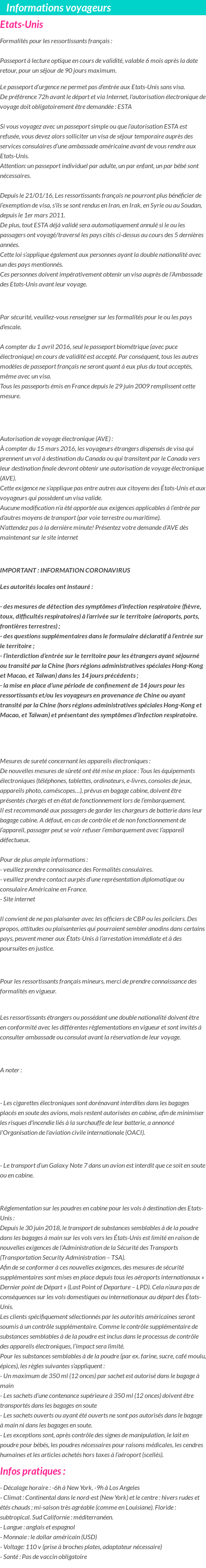 Formalités et infos voyageurs