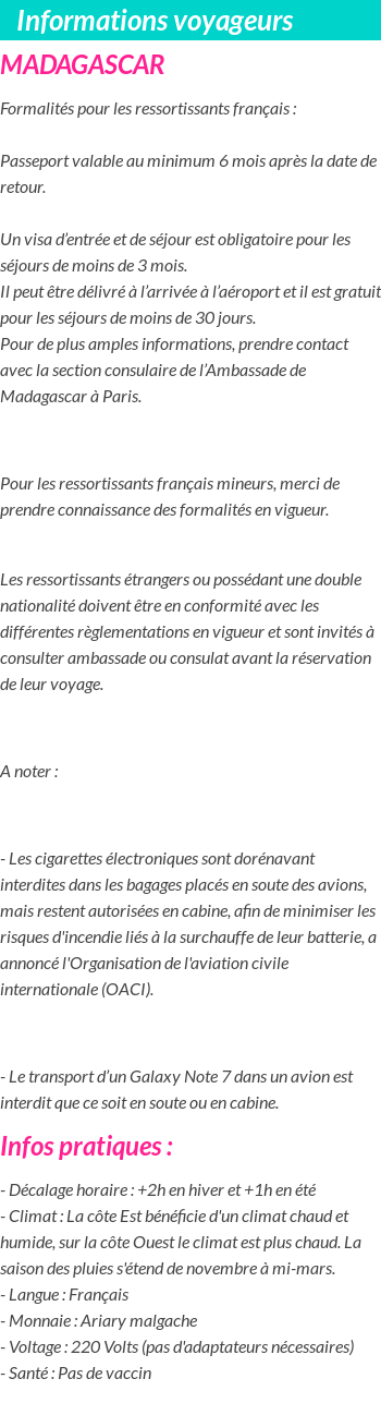 Formalités et infos voyageurs