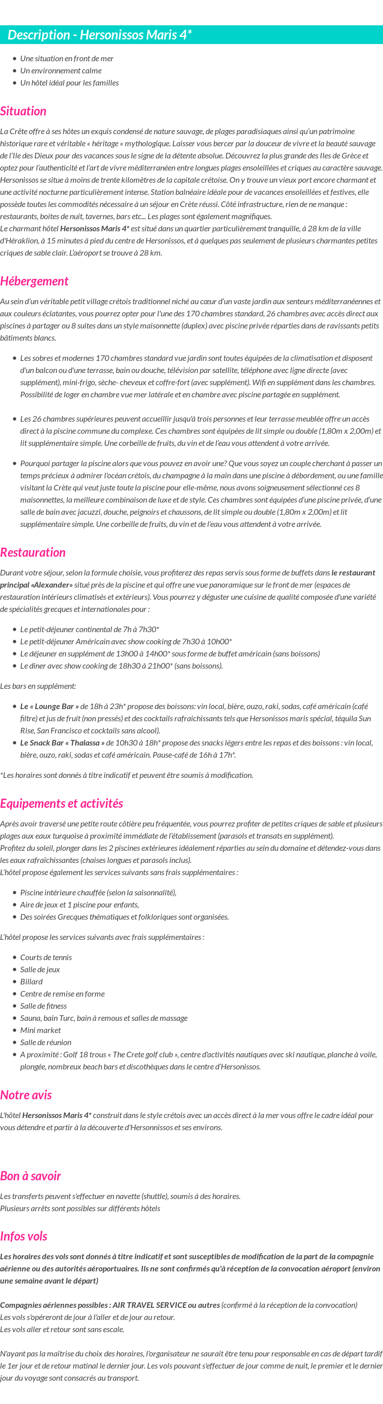 Détails du séjour