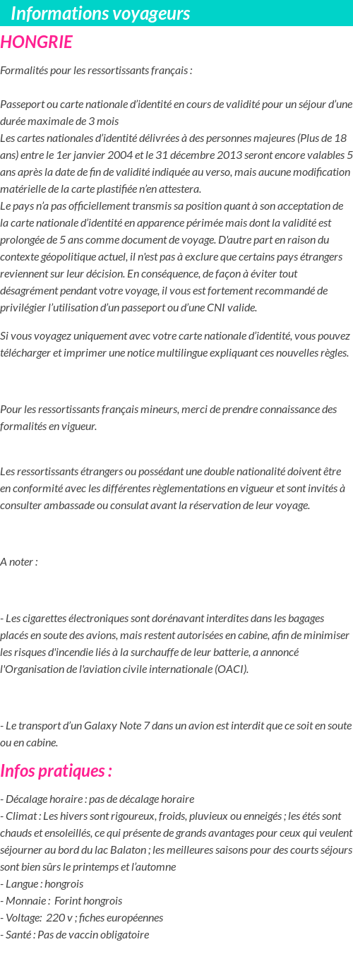 Formalités et infos voyageurs
