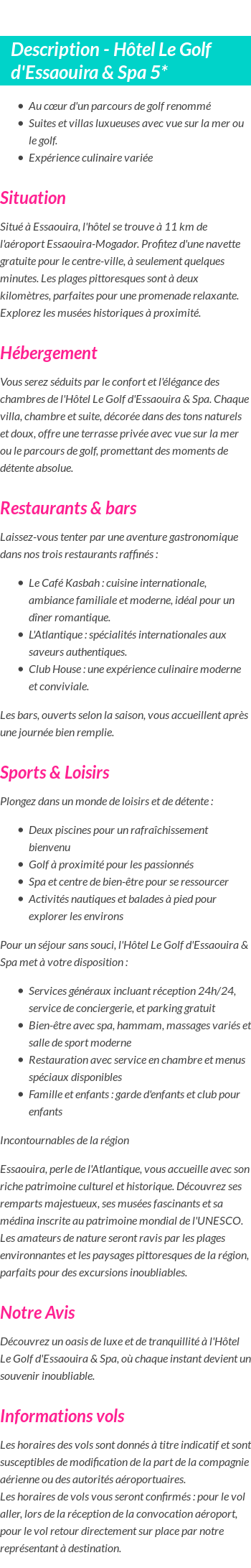 Détails du séjour
