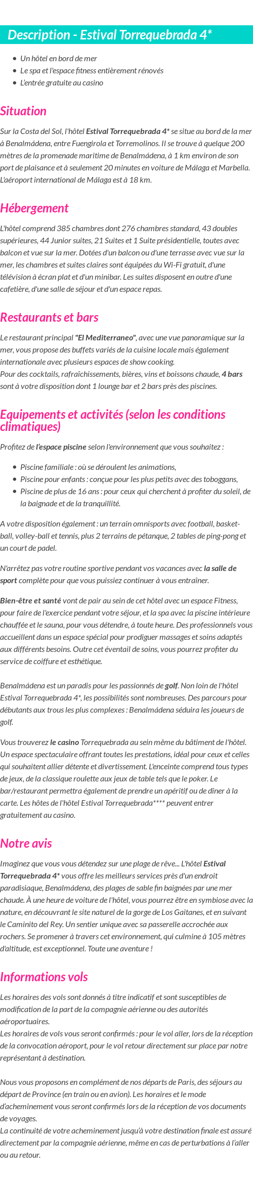 Détails du séjour