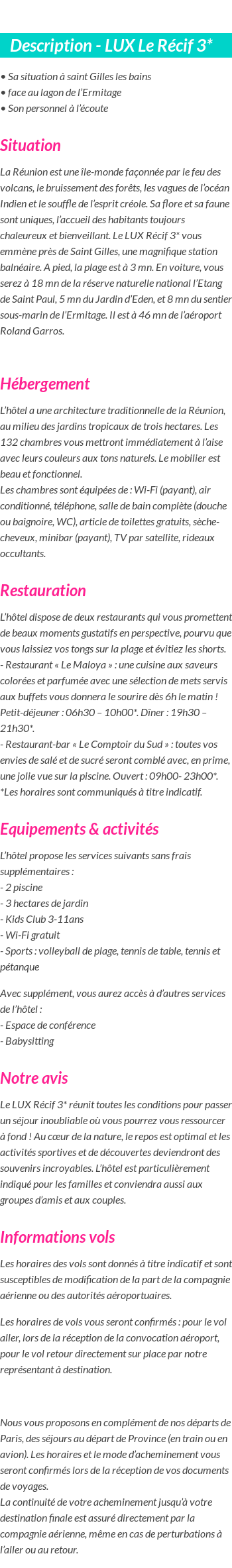 Détails du séjour