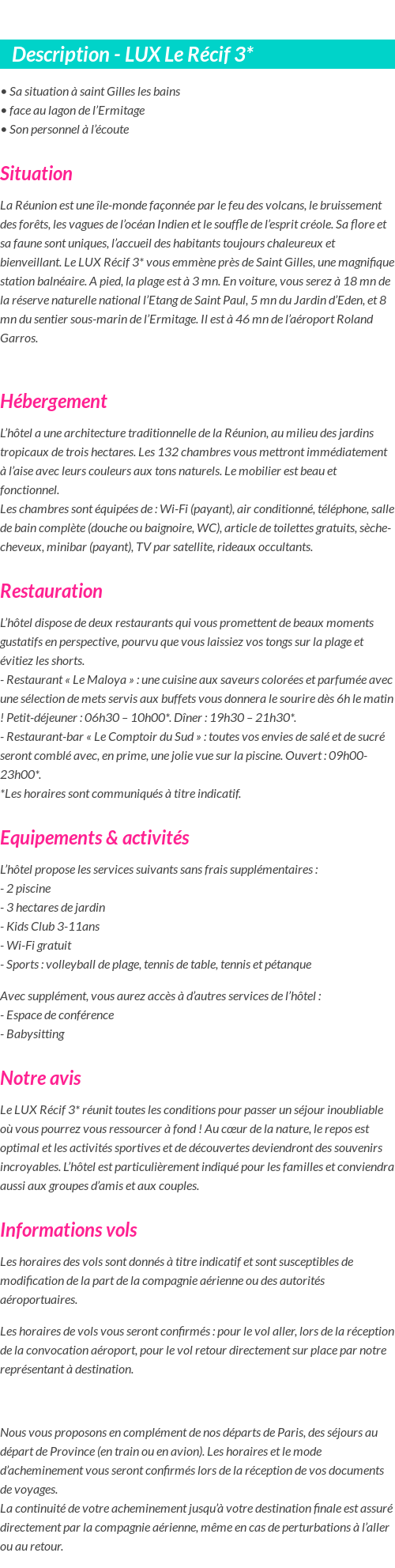 Détails du séjour