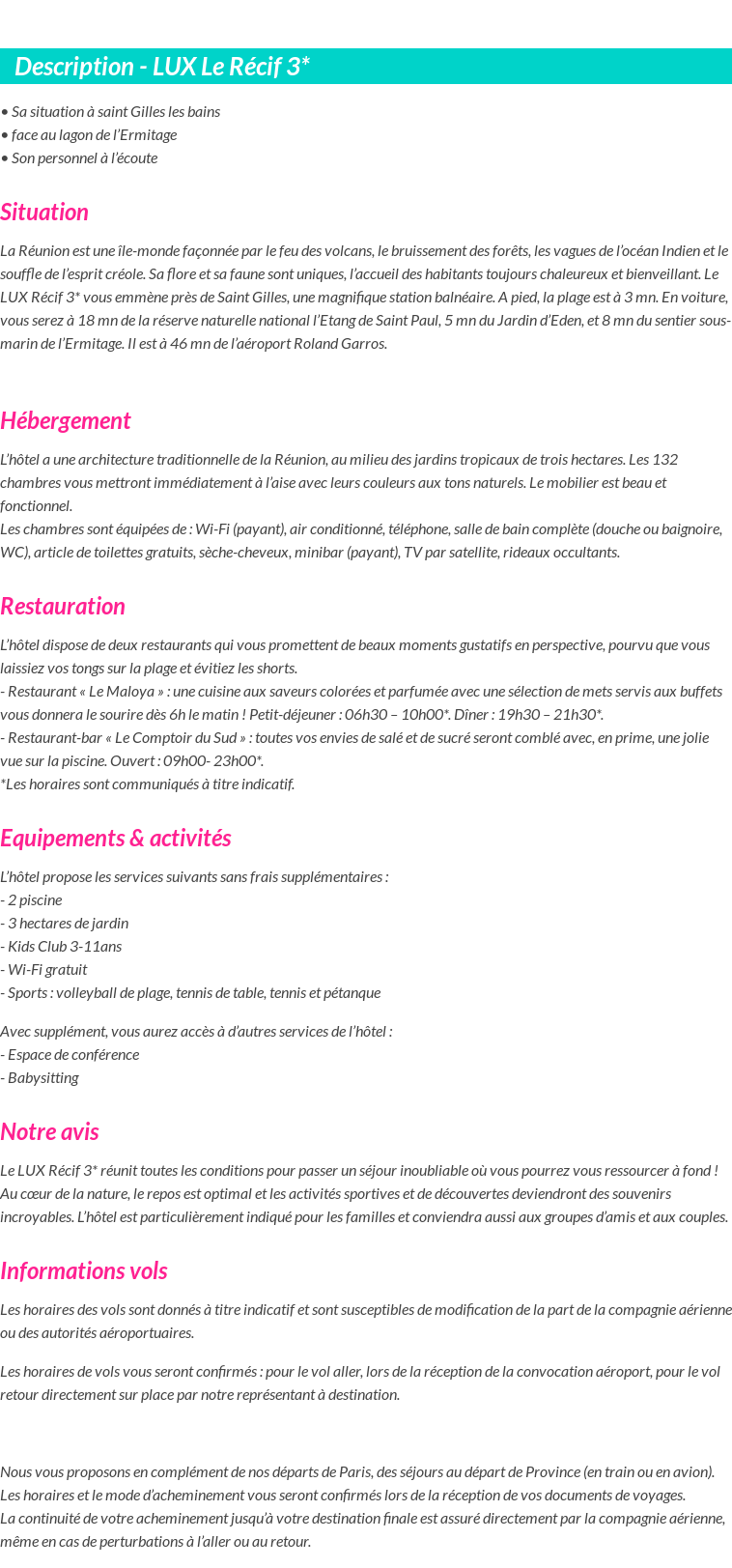 Détails du séjour