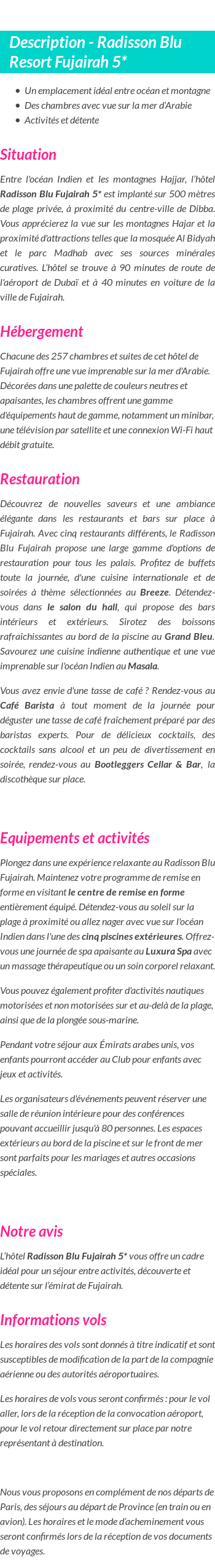 Détails du séjour