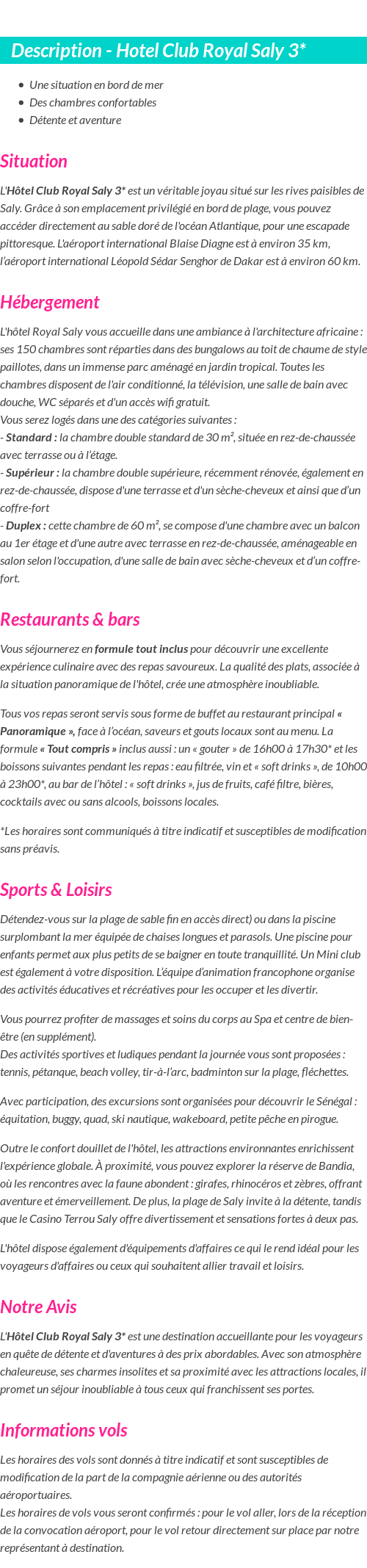 Détails du séjour