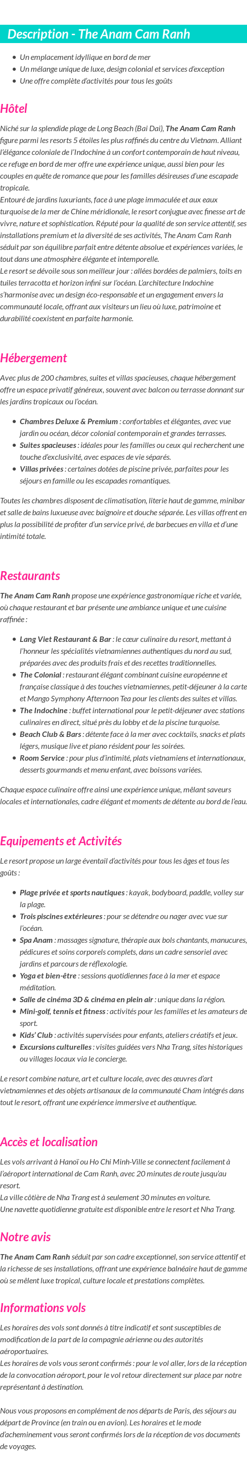 Détails du séjour