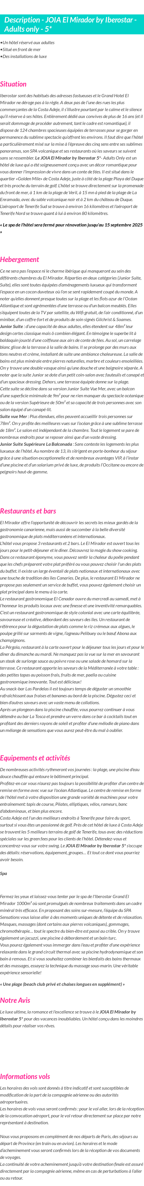 Détails du séjour