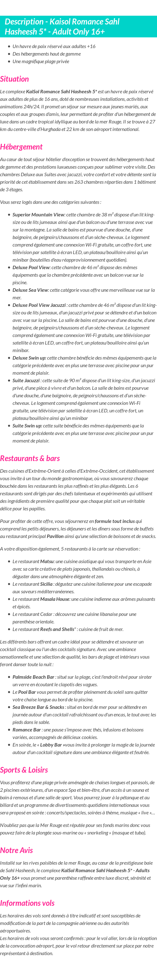 Détails du séjour