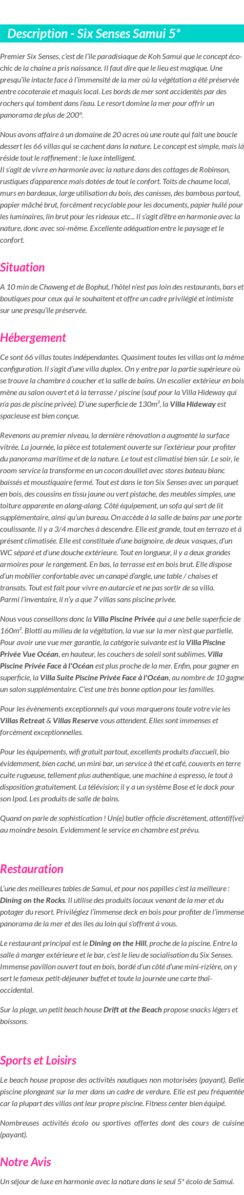 Détails du séjour