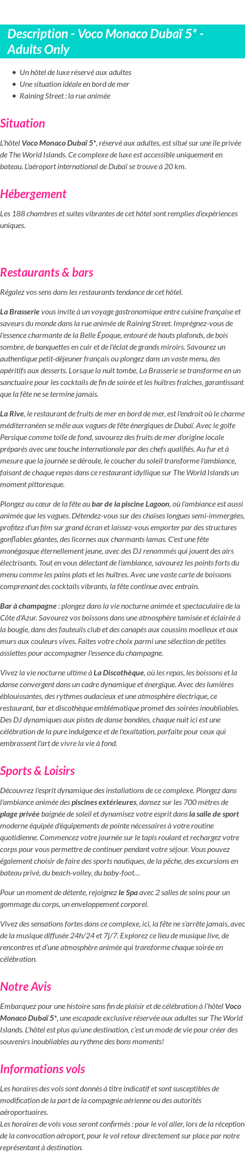 Détails du séjour