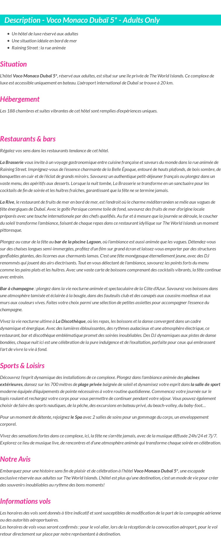 Détails du séjour