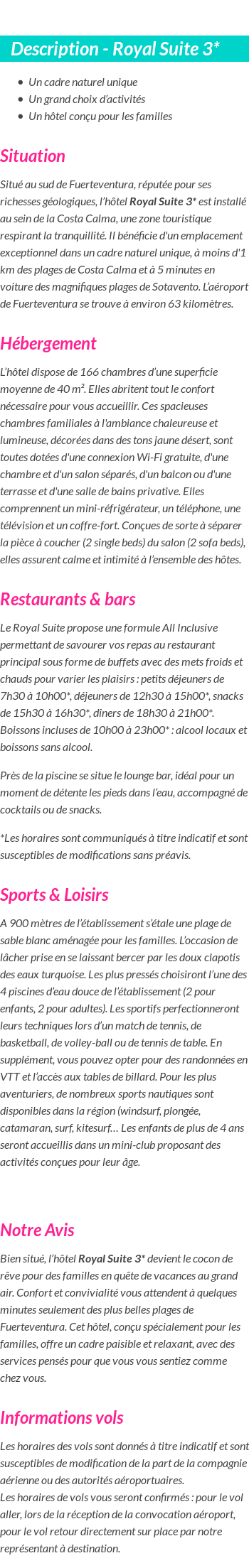 Détails du séjour