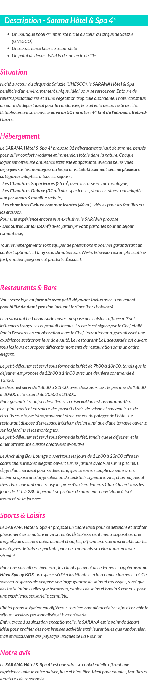 Détails du séjour
