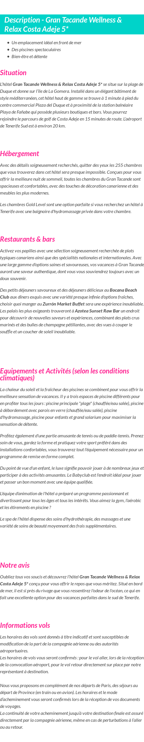 Détails du séjour