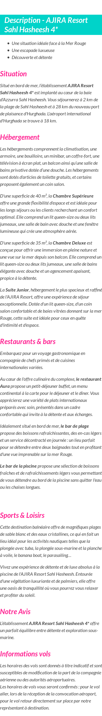 Détails du séjour