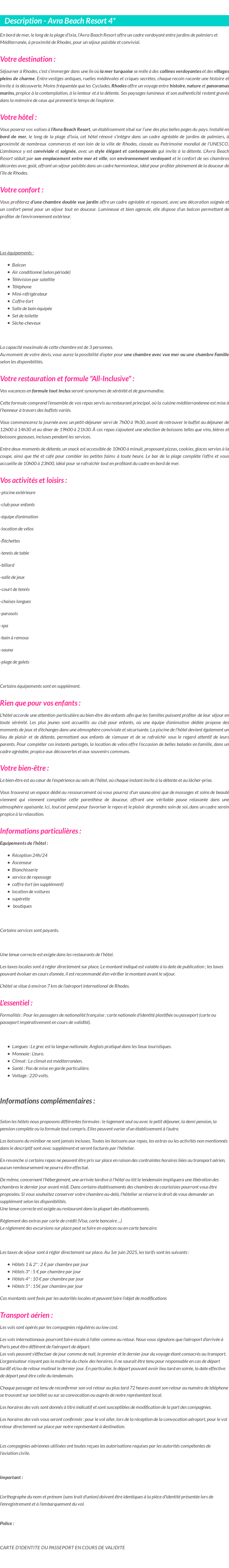 Détails du séjour