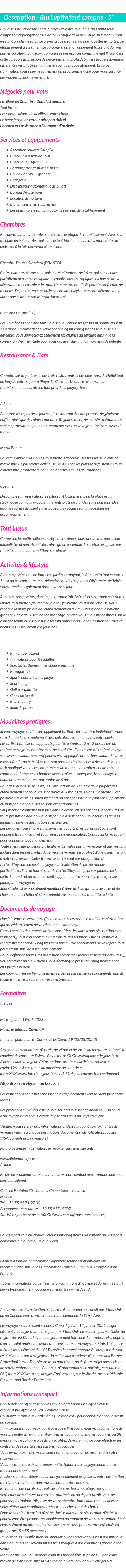 Détails du séjour