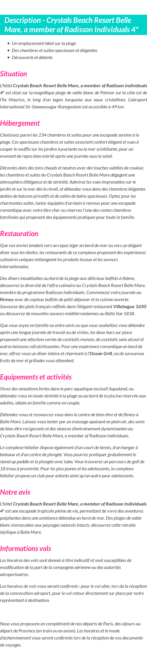Détails du séjour