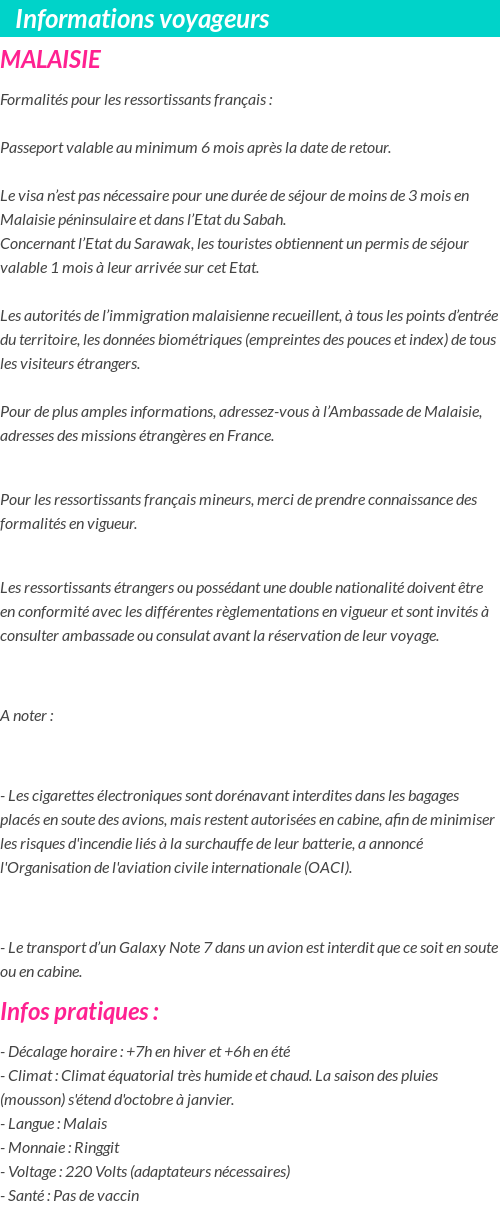 Formalités et infos voyageurs