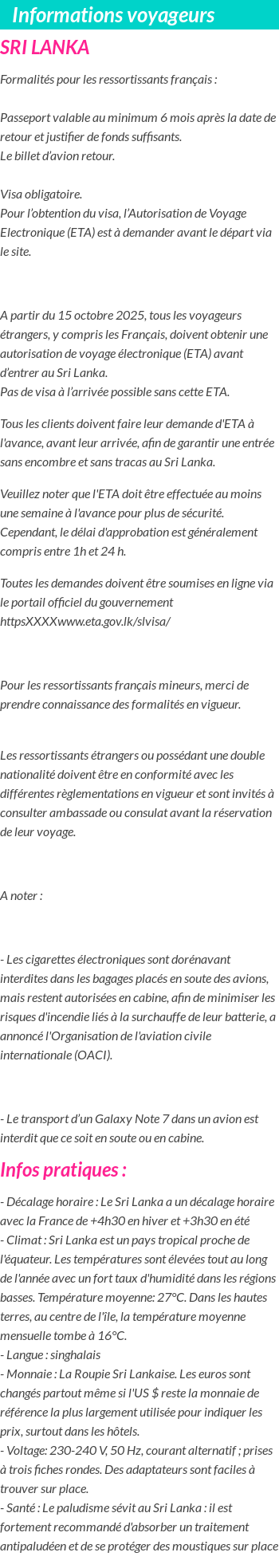 Formalités et infos voyageurs