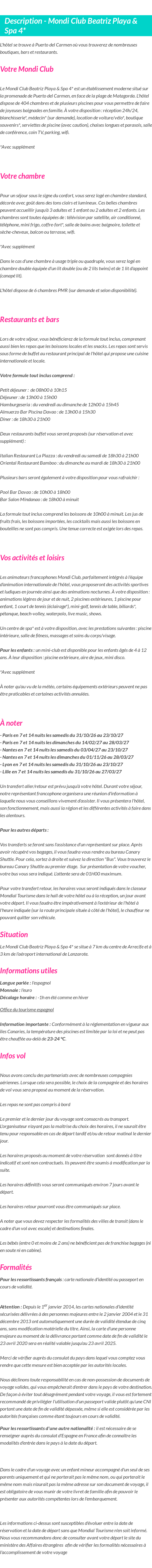 Détails du séjour