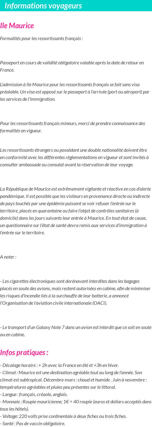 Formalités et infos voyageurs