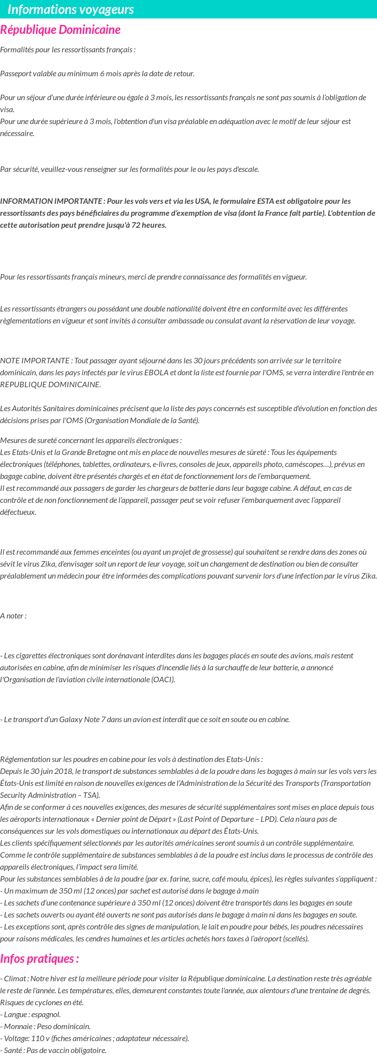 Formalités et infos voyageurs