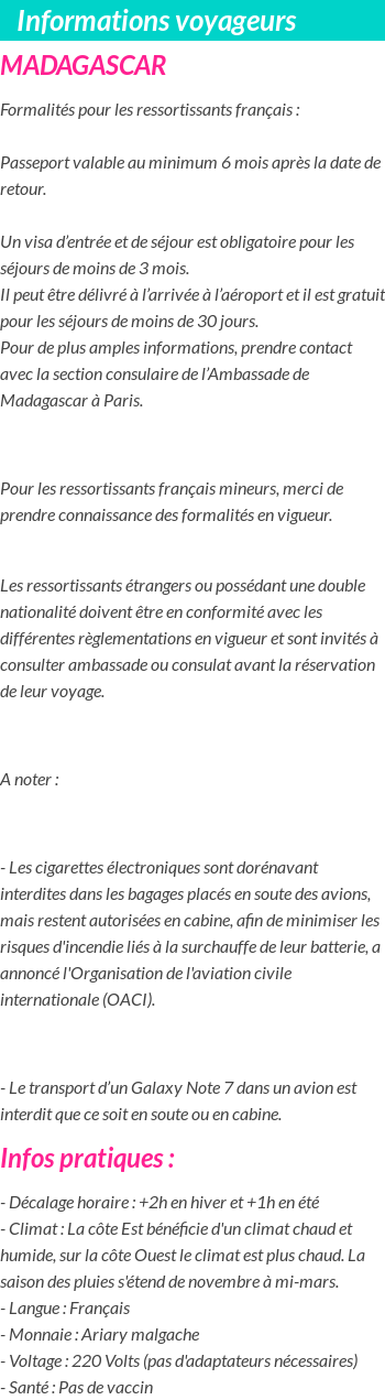Formalités et infos voyageurs