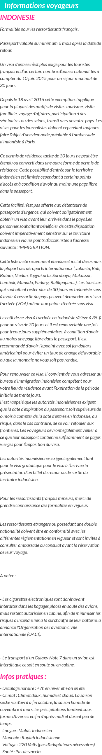 Formalités et infos voyageurs