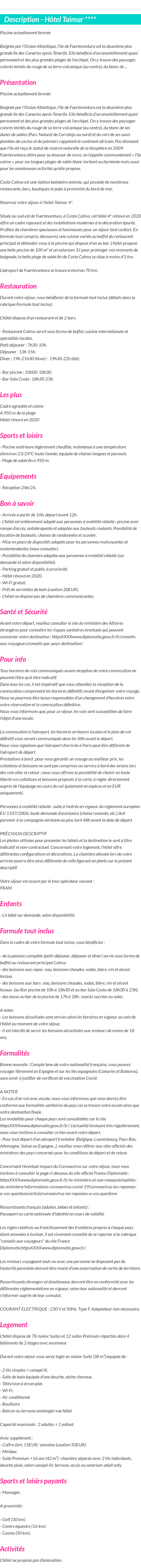 Détails du séjour