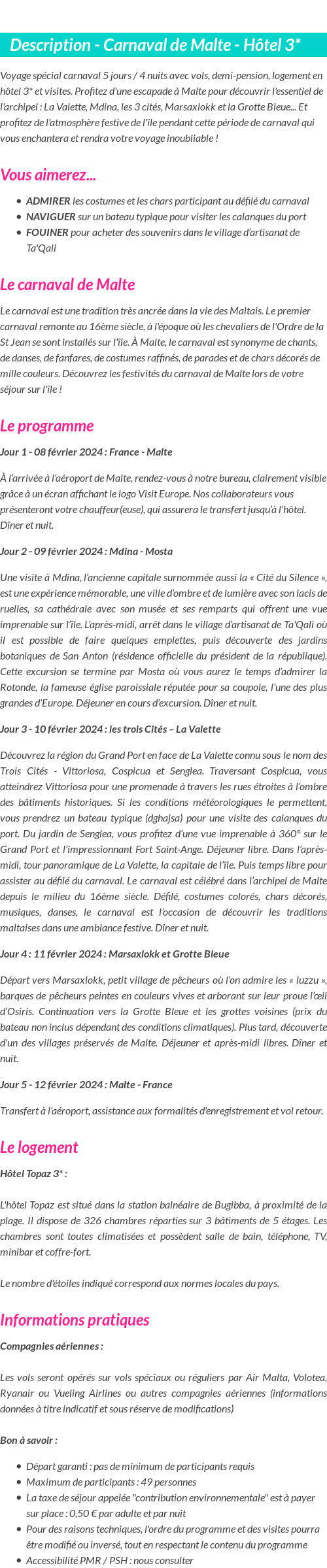 Détails du séjour