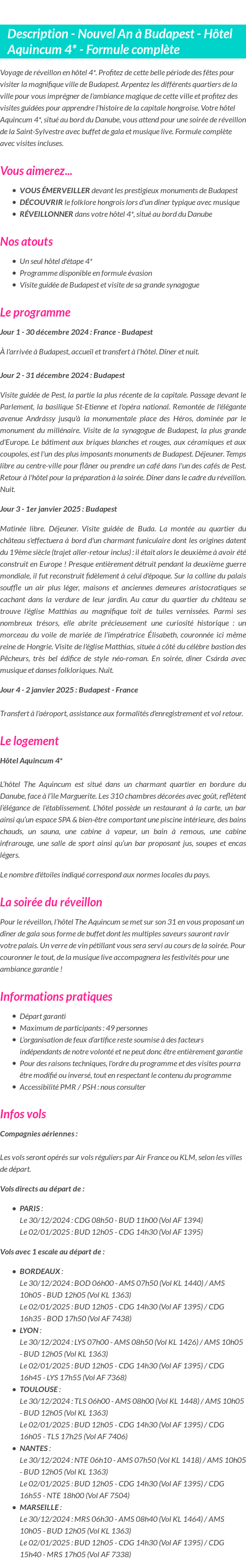 Détails du séjour