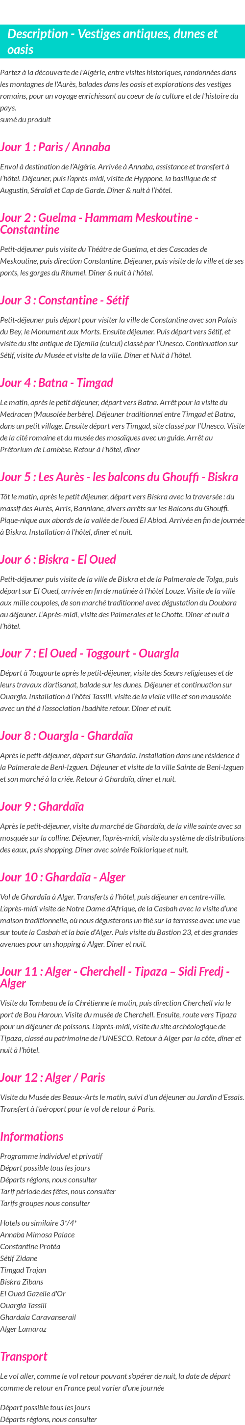 Détails du séjour