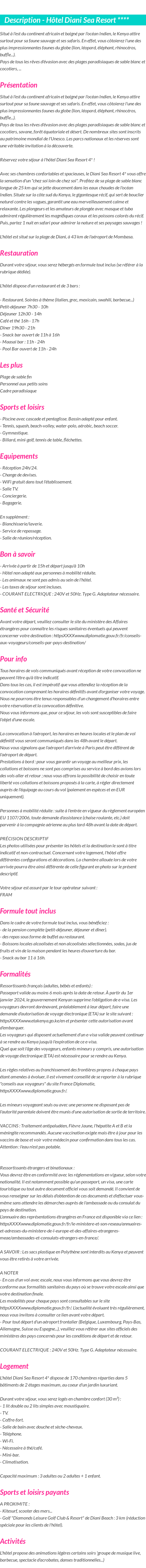 Détails du séjour