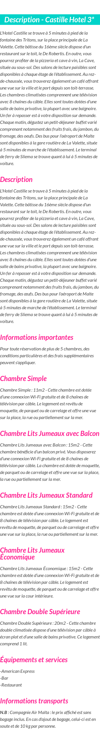 Détails du séjour