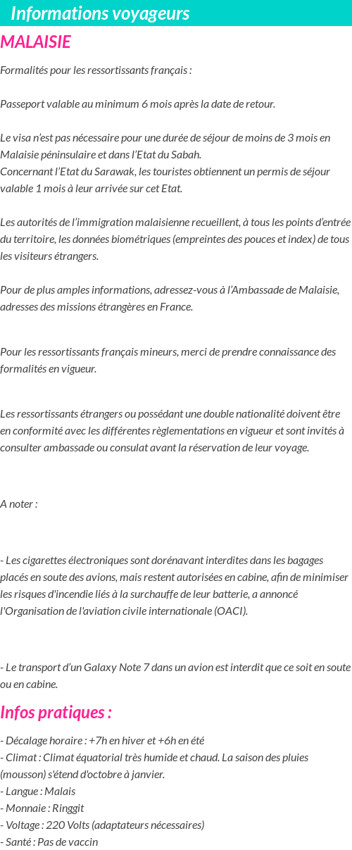 Formalités et infos voyageurs