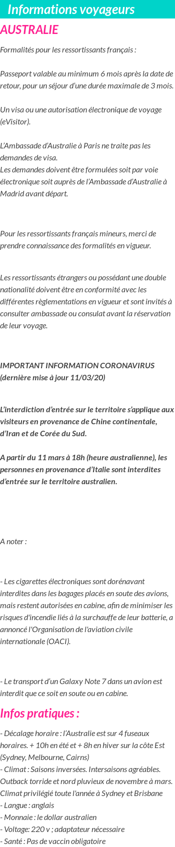 Formalités et infos voyageurs
